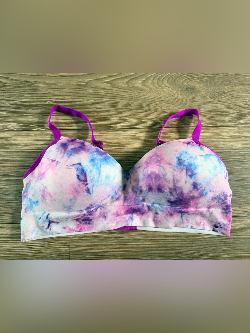 No Boundaries Pink & Blue Tie-Dye Padded Bra with Purple Straps